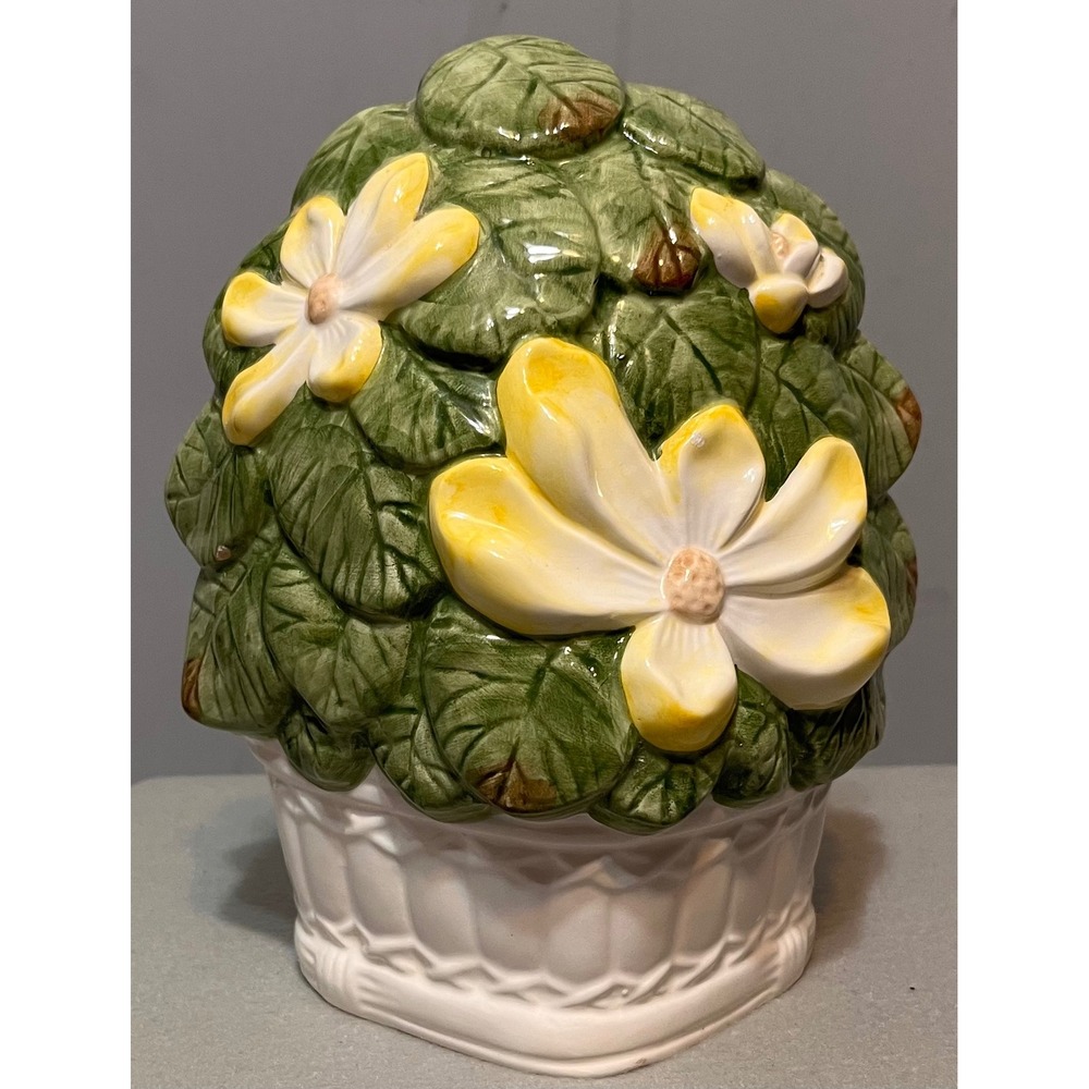Vintage Ceramic toilet brush holder Yellow Floral Basket 3D Magnolia Design 7in
